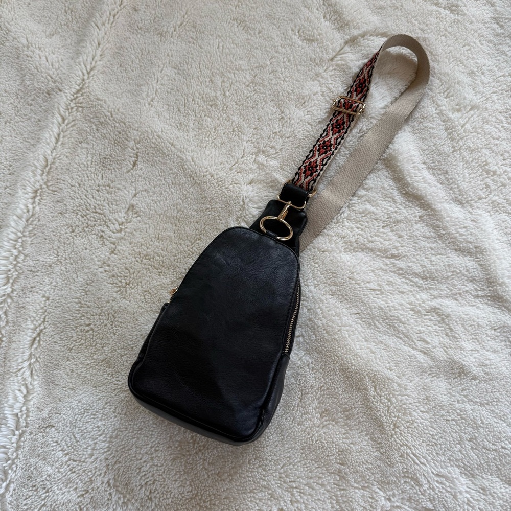 Black Vegan Leather Crossbody Chest Sling Bag with Aztec Guitar Strap Strap